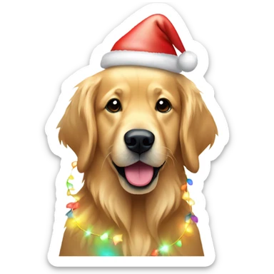 Golden retriever wrapped in multicolor Christmas lights and a Santa hat  sticker