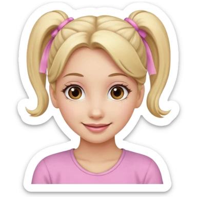 a cute woman is smiling, her hair is long, blonde and two ponytails, her eyes color are brown and the color of her lip is soft pink sticker