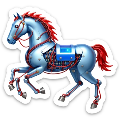 Fast running electric horse made of electricity, metal plates, bolts, blue and red wires, with lightning emanating from its body sticker