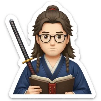 Long Haired Samurai with Glasses, Calm swordsman reading scroll with glasses sticker
