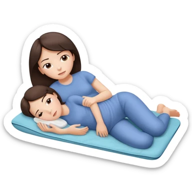  a brunette girl lying down on her side, holding a warm heating pad against her lower belly. She's uncomfortable and sad, her posture should show she’s having menstrual cramps. Use simple lines, rounded shapes, soft colors, and a clean emoji aesthetic. Make it expressive but still adorable sticker