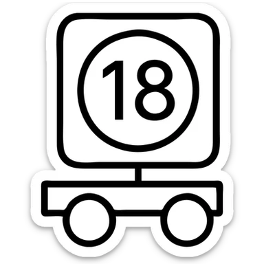 black circle featuring bold white 18, realistic semi truck wheels underneath, outlined icon style sticker
