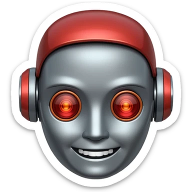 Cyberpunk robot head, redish tint over gray,  happy sticker