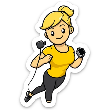 Sporty blonde woman in yellow top and black leggings, showing bicep, smiling, with wireless earbud and Apple Watch sticker