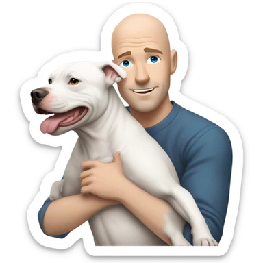 bald white man with blue eyes hugging grey pit bull sticker