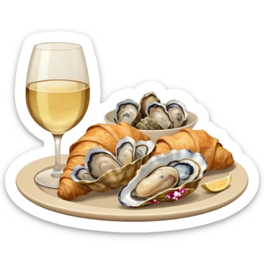 French cuisine humanless avatar in clean emoji-style illustration. Croissant, oysters and wine glass, soft beige tones, simple shapes, flat design, refined and cozy. sticker