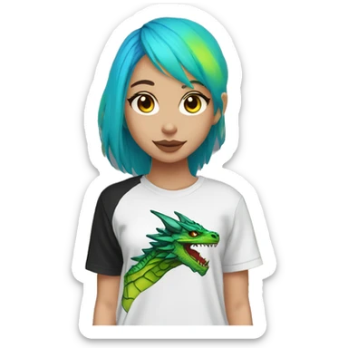 Lady with brunette and iridescent blue hair, gold, lime green dragon wings, black hoodie, bleach dyed, black and gold Nike t shirt, and bright red eyes sticker