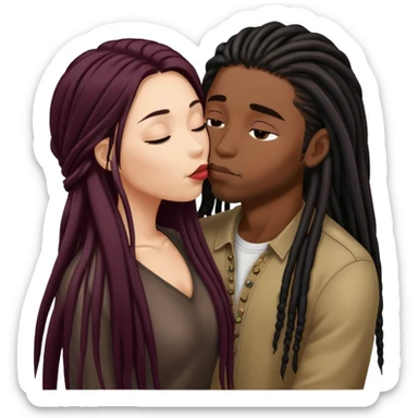 Dark Wine colored hair asian long hair, kissing young black guy with dreads sticker