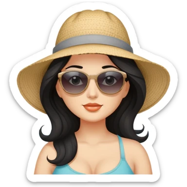 beautiful curvy woman with fair skin, long wavy black hair, and gray eyes at the beach sticker