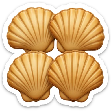 A madeleine pastry. Scalloped seashell shape with ONLY four to five vertical lines going in the same direction. Light golden brown. Scalloped edge. Cookie. Flat. Long. Oval shape sticker