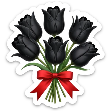 goth tulip bouquet, black tulips with silver accents, tied with a red ribbon sticker