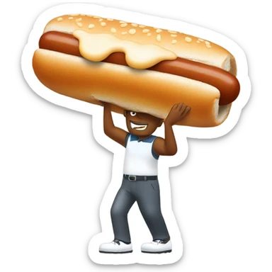 Man playing golf but the golf ball is a hot dog sticker