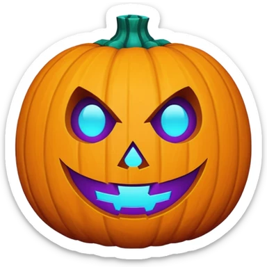 futuristic glowing jack-o-lantern emoji face, only purple and cyan carved glow, dark background sticker