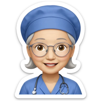 OLD ASIAN WOMAN WITH GLASSES, NURSE SCRUBS, CAP, HIDDEN HAIR sticker