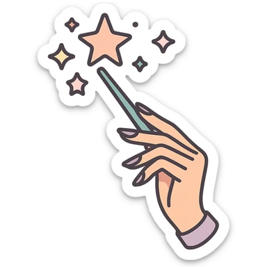 Elegant female hand with almond-shaped nails holding a magic wand, large and small stars flying out of the wand, Chinese Eastern style, thin clean contours, soft rounded shapes, pastel palette #98B5BC, #B5B3C1, #C9A3C9, #E4C0CA, #F7DCD1, #F7C0AA, detailed shadows and highlights, soft lighting, transparent background, no decorative elements. sticker