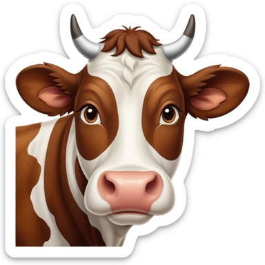 cinematic-noble-brown-and-white-cow-portrait-emoji,-poised-and-regal,-with-a-large,-sturdy-build-and-a-beautifully-patterned-hide-of-rich-brown-accented-by-crisp-white-patches,-deep-set-soulful-brown-eyes,-simplified-yet-sharp-and-sophisticated sticker