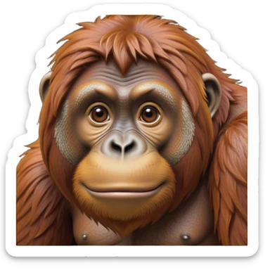 Cinematic Noble Orangutan Portrait Emoji, Poised and regal, with a robust, thoughtful build and deep, soulful eyes framed by rich, textured fur, Simplified yet sharp and sophisticated features, highly detailed, glowing with a soft, earthy glow, high shine, intelligent and contemplative, stylized with an air of ancient wisdom, focused and commanding, soft glowing outline, capturing the essence of a watchful and confident guardian that appears ready to step out of the screen with timeless authority! sticker