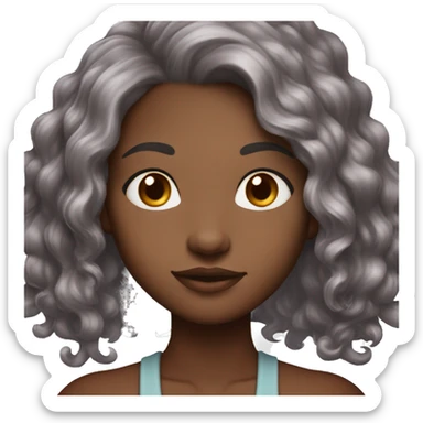 cocoa skin, curley reddish brown hair  with a streak of grey. its short. Her standing with grey light eyes sticker
