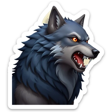 cinematic-noble-fierce-werewolf-howling-portrait-emoji, poised-and-imposing, with a fierce wolfish face tilted upwards in a haunting howl, glowing eyes full of primal ferocity, sharp, and a rugged snout, fur rippling in shades of midnight black and silver, muscles tensed as the powerful howl echoes beneath the moonlit sky; rendered with realism, capturing the raw, untamed power of the beast in its wild, primal state sticker