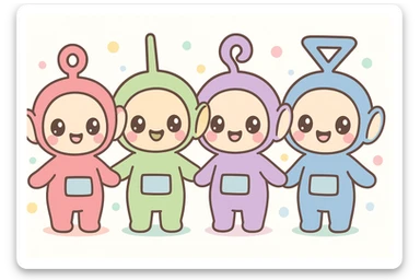 Teletubbies in kawaii style, oversized heads, sparkling eyes, cute expressions, each in their unique color sticker