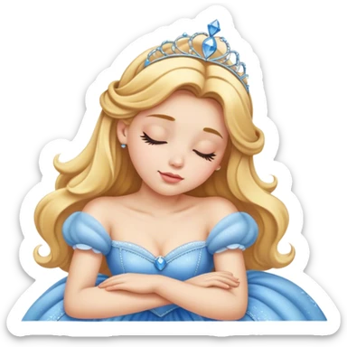 Cinematic Realistic Sleeping Cinderella Portrait, portrayed with exceptional realism: her luminous porcelain skin and exquisitely detailed golden-blonde hair lie softly under the gentle caress of natural light. Her eyes are peacefully closed in a serene, dreamlike slumber, and every fold and shimmer of her iconic ball gown is rendered with painstaking detail. The overall composition radiates a quiet, enchanting glow that encapsulates the timeless, restful beauty of a princess lost in a gentle, magical dream. sticker