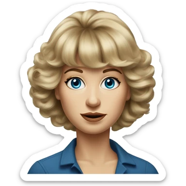Medium length Dirty blonde big poofy hair with bangs all across forehead and sides swept away from face woman of 60 with blue eyes  sticker