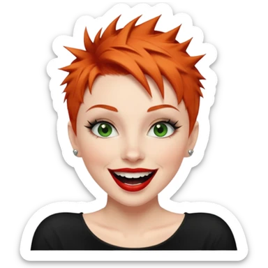 Short spikey Ginger hair, green eyes, black long eye lashes large red lips White woman laughing sticker