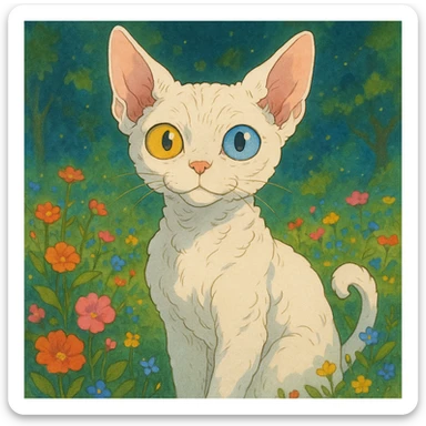 a white devon rex cat with one yellow and one blue eye each sticker