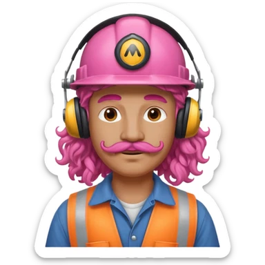 construction worker with pink long curly hair and protective headphones and mustache sticker
