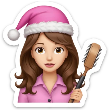 mujer peinandose en la peluqueria y con un gorro de navidad rosado, cabello largo café y ondulado sticker