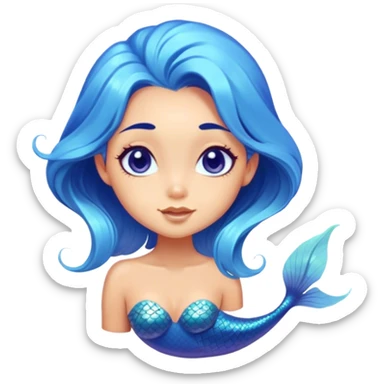 Cinematic Realistic Blue Hair Mermaid Portrait, head tilted playfully and inquisitively, showcasing a delicate, tropical form with finely detailed, flowing blue hair contrasting beautifully against her sun-kissed tanned skin. Her bright, curious eyes sparkle like sea gems under warm filtered light, rendered with lifelike clarity and soft underwater illumination—capturing the essence of a spirited mermaid poised to dance playfully amidst coral reefs. sticker