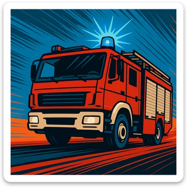 stylized fire truck with blue flashing light, modern illustration, motion lines, emergency atmosphere sticker