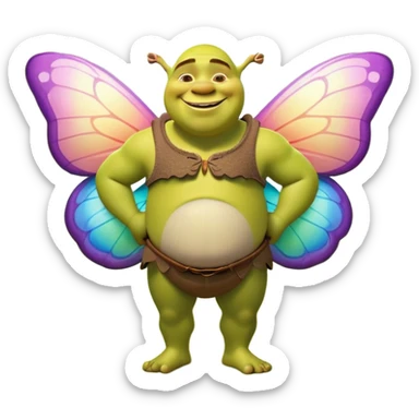 “Shrek as a cartoon character with colorful butterfly wings, smiling, in a magical forest background, soft lighting, pastel colors”
 sticker