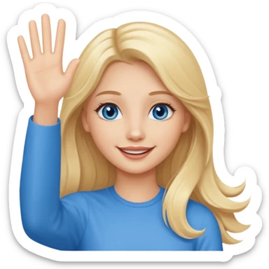A beautiful blonde girl with long hair, blue eyes, neutral lips and a sweet smile  arm hello sticker