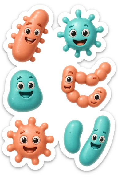 EMOJI STILE IPHONE DI 6 SPECIE DI BATTERI INTESTINALI ROSA SALMONE E TURCHESI DIVERSI TRA LORO PER FORMA, FLUTTUANO IN ARIA, IPERREALISTICO 4K sticker