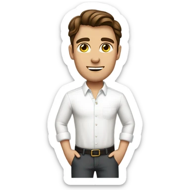 Handsome brown haired man in a white dress shirt tucked into pants with the sleeves rolled up sticker