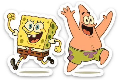 Spongebob and Patrick as lively, energetic icons, expressive poses, bright colors, dynamic movement, inspired by their movie appearances, flat color, minimal detail, no text sticker