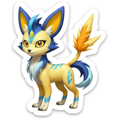 Feral Lightning-patterned Zig-zagged buzzy fuzzy Meloetta-Renamon-Zeraora-Luxray-Cobalion-Suicune-Vernid-fusion-hybrid-creature, full body  sticker
