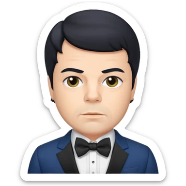 Oliver Reed with black hair, dark blue suit with bow tie sticker