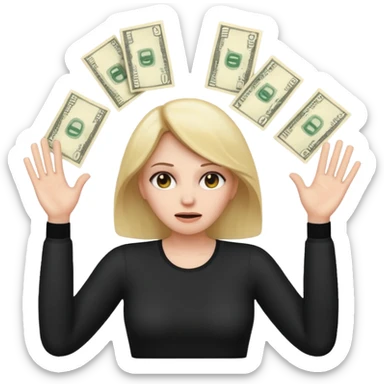 stylized emoji of a woman with hands up, surrounded by money, with a worried or confused face sticker