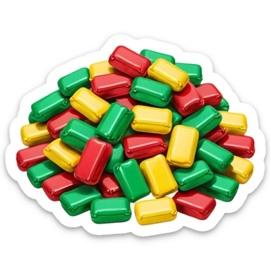 pile of colorful wrapped candies with twisted cellophane ends, shapes vary (round, oval, square), glossy surfaces, vibrant colors like red, yellow, and green, soft lighting, subtle shadows, emoji scale sticker