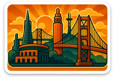 Expand the retro art deco Bay Area logo to fill the entire 3.5:1 view. Add a stylized sky with an art deco sunburst, clouds, and a vintage background. Maintain the same color palette and retro stickers style. Ensure the entire scene is fully filled with no empty space, preserving the vintage and art deco aesthetic. sticker
