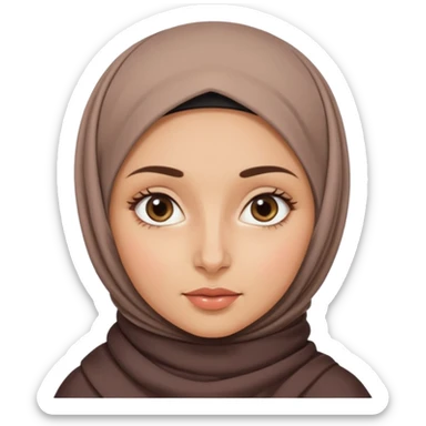 A girl in a French hijab, with an oval face, medium-sized forehead, wide eyes, straight nose, and full lips. She has thick, wavy hair and medium-toned skin with straight eyebrows sticker