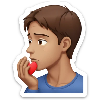 a man with brown hair staying in a
full height in profile with anxiety and begging face with a broken heart sticker