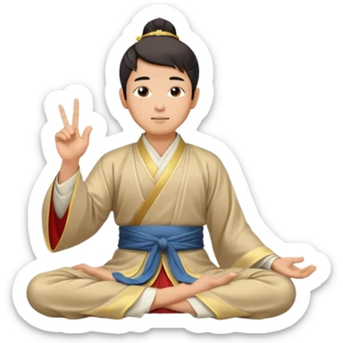 asian man in hanfu closing sitting in lotus pose, pointing one finger to sky as wisdom gesture sticker