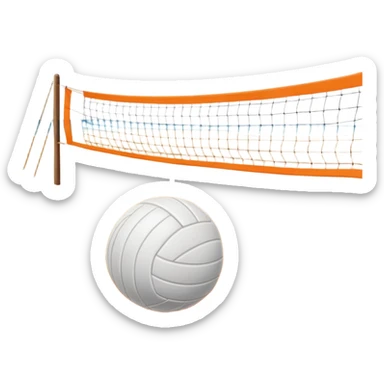 The scene captures a sunny beach atmosphere with clear blue sea and sky, palm trees swaying, and people in swimsuits enjoying the vibrant surroundings. A volleyball resting on the orange sand ground of a beach, with a volleyball net in the background.  sticker