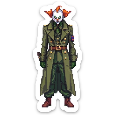 evil clown soldier, bald, small black horns on forehead, fangs, pointed ears, eye patch over one eye, long coat over black and military green clothes with bellbottom pants, realistically proportioned, less bulky, full body, fighting stance sticker
