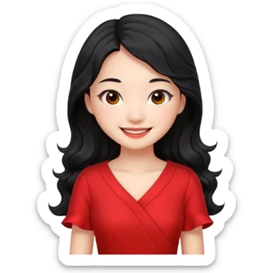 Chinese girl with long wavy black hair, black eyes, smiling sticker