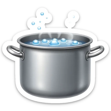 small metal pot filled with boiling water on a stove, visible hot steam and rising bubbles, realistic heat effect, shiny pot surface, bright lighting, clean white background sticker