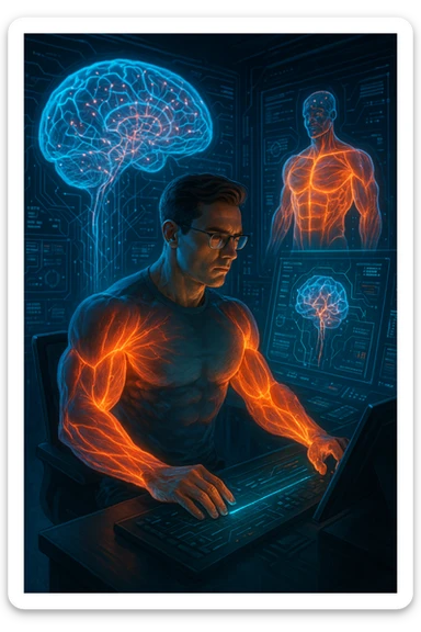 "Neuroscientist using advanced visualization to reprogram muscle development pathways, brain scans showing neural networks firing to stimulate muscle growth, expression of scientific breakthrough, his body responding to optimized mental training protocols, muscle memory being created without physical movement, consciousness hacking biological systems for muscle development" sticker